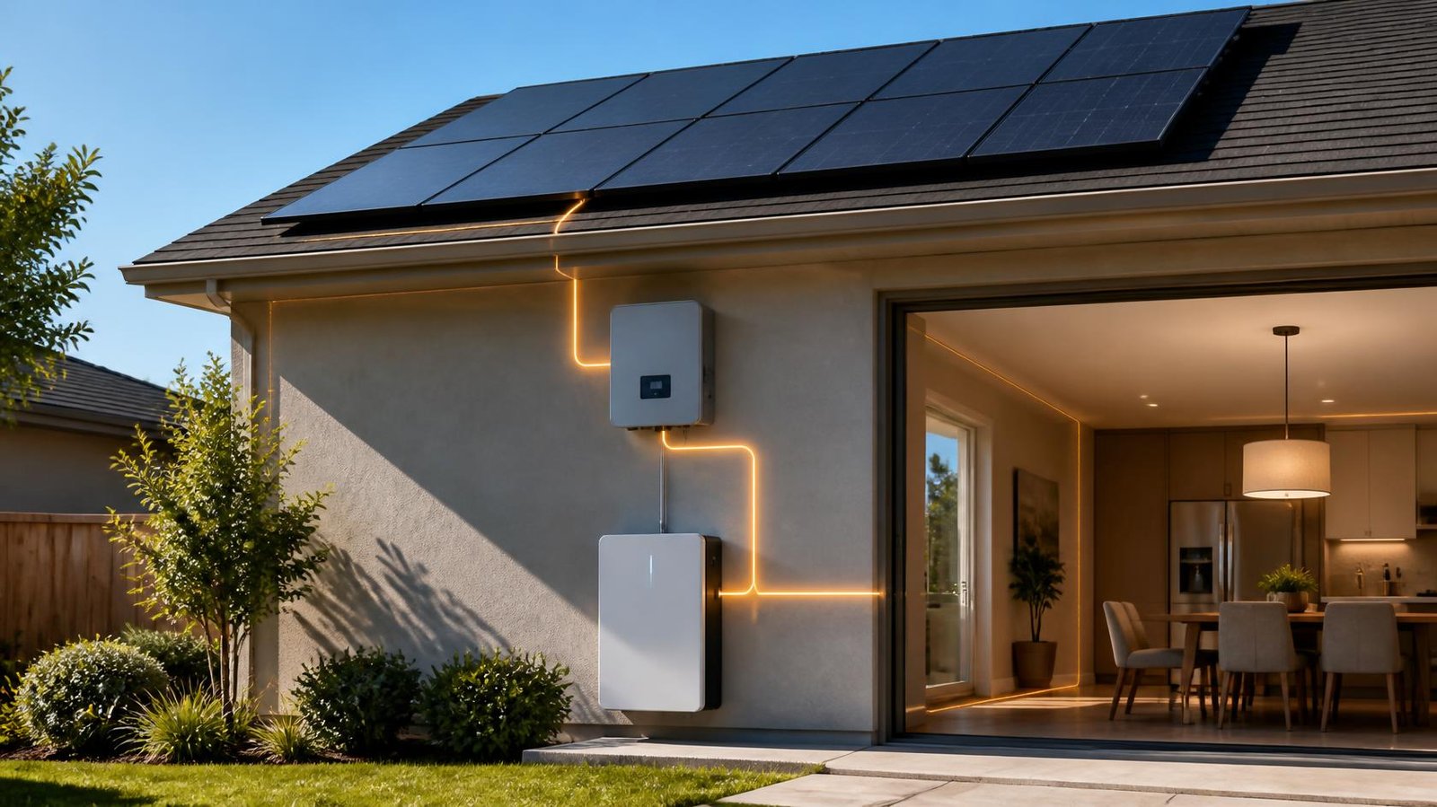 Modern home with rooftop solar panels, exterior inverter, and wall-mounted battery storage system for residential energy storage