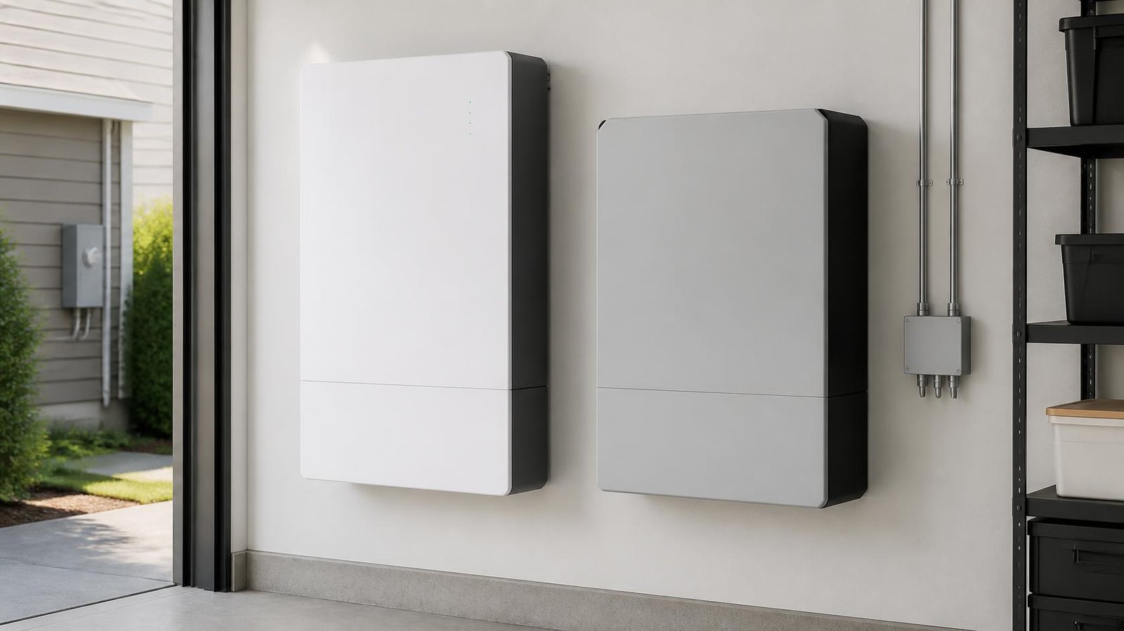 Two wall-mounted battery systems showing lithium-ion and LFP solar battery storage units side by side for residential homes