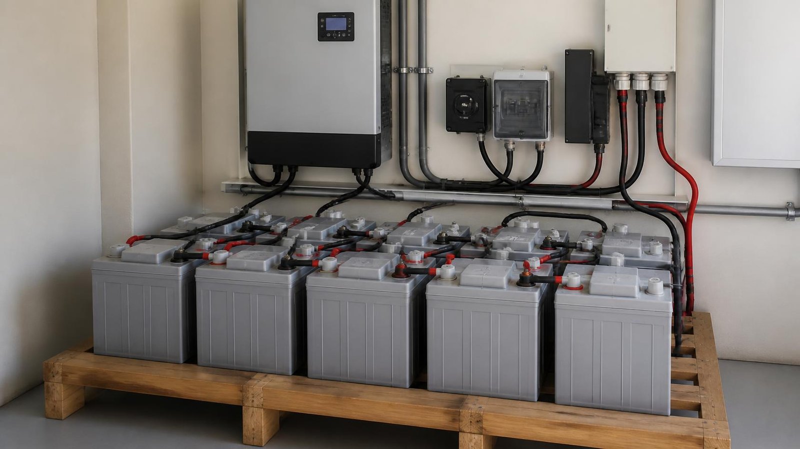 Lead-acid battery bank with multiple deep-cycle batteries connected together in organized off-grid solar energy storage setup with inverter and controls