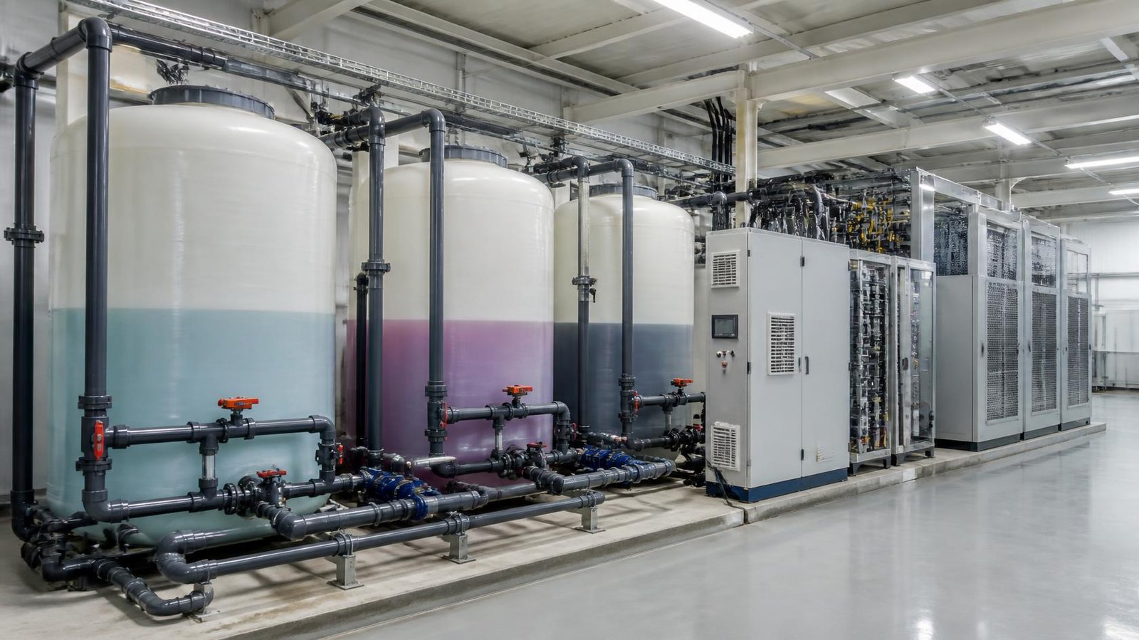 Modern flow battery energy storage system with large electrolyte storage tanks, industrial piping, pumps, and controls in utility renewable energy facility