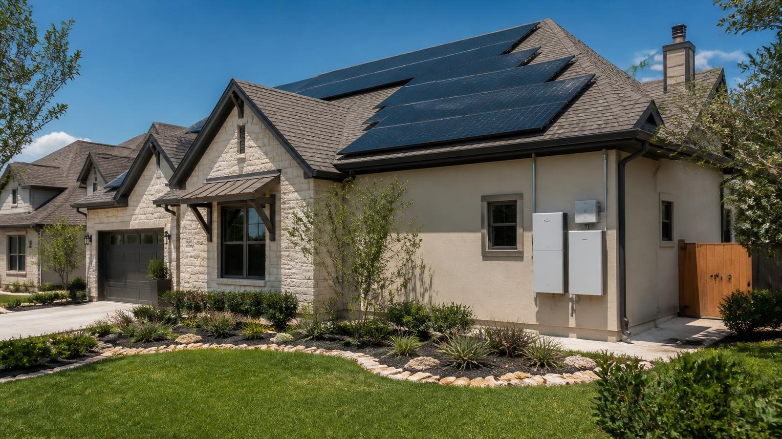 Texas suburban home equipped with rooftop solar panels and wall-mounted home battery backup system for energy storage and power outage protection