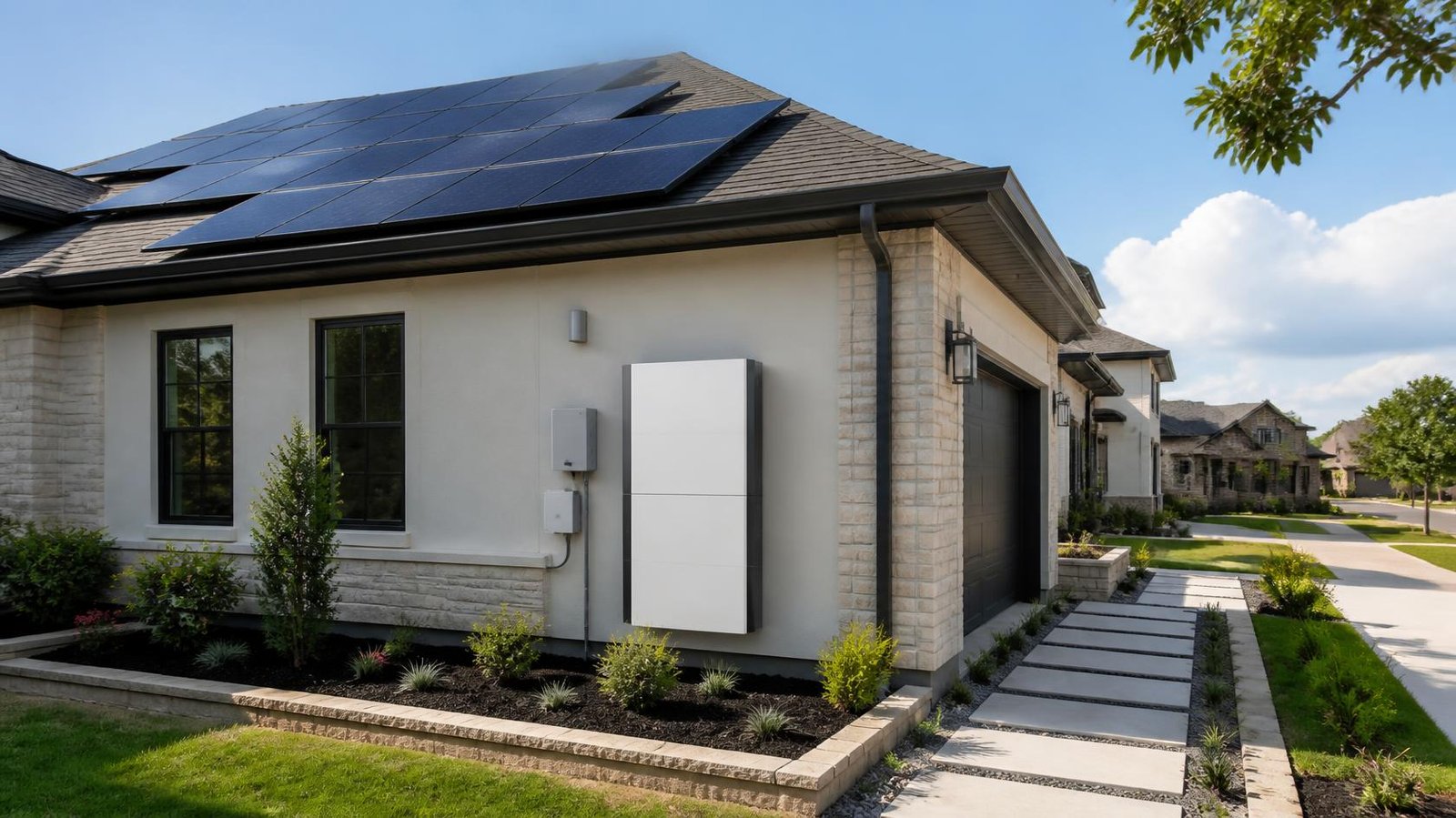 Modern Texas residential home with clearly visible rooftop solar panels and wall-mounted battery storage system for calculating proper solar and battery capacity